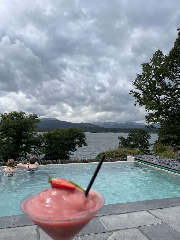 a view of the pool in the lake district spa. low wood bay with mountain views
