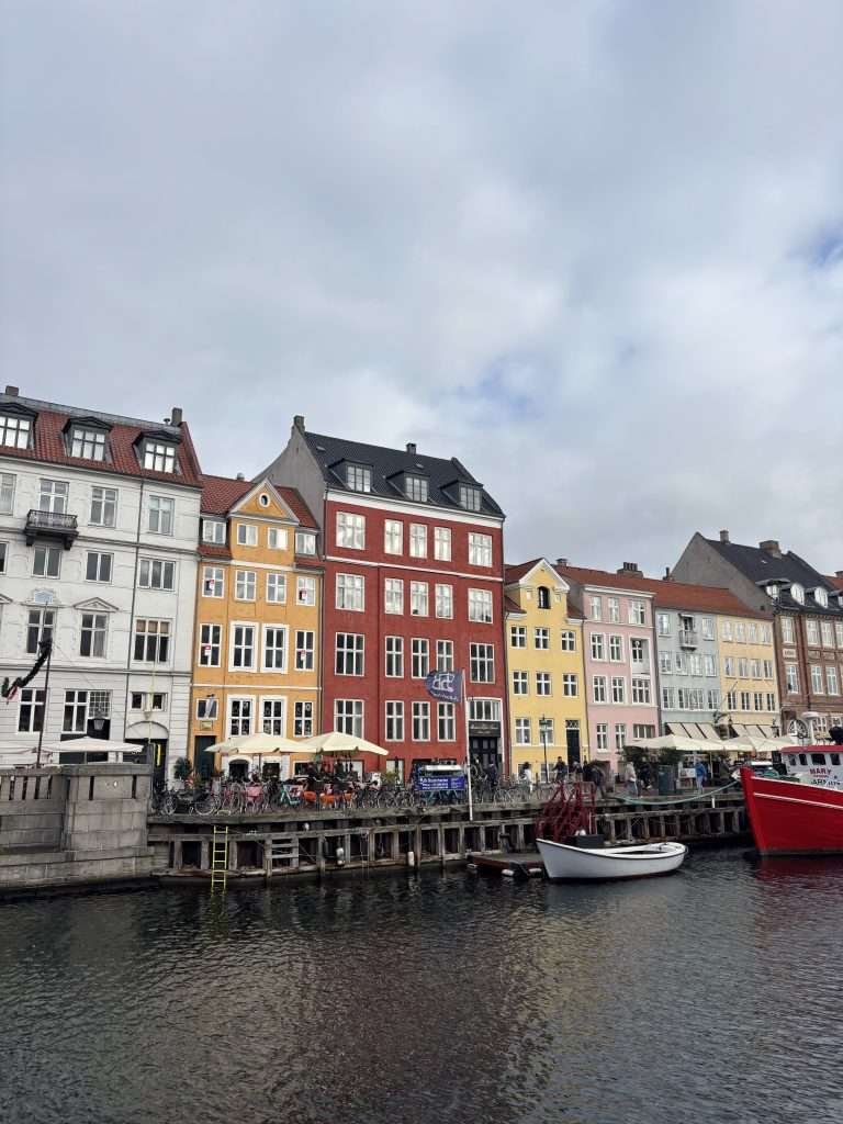 Close-up of Nyhavn’s colorful buildings framed by autumn leaves, representing the charm of Copenhagen in autumn