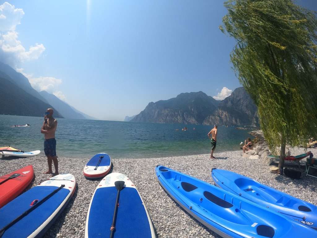 Panoramic view of Lake Garda surrounded by mountains in northern Italy