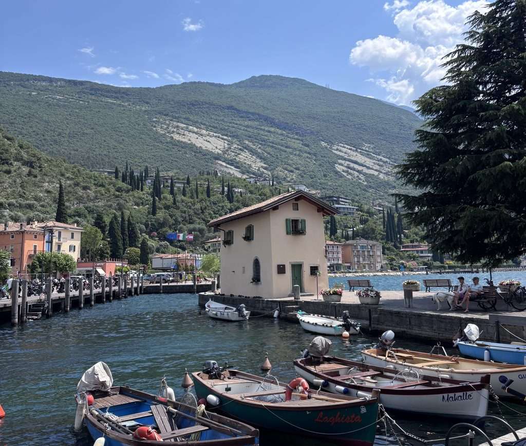 view of torbole dock with boats and the mounatins