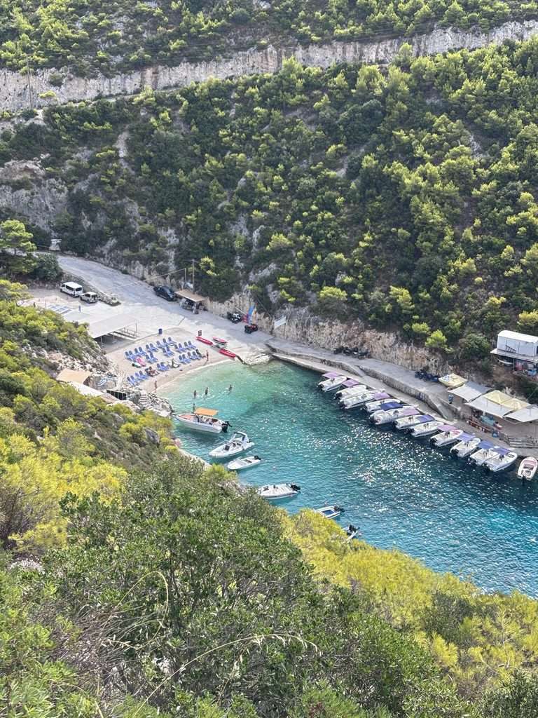 view of the beach stop on the zante shipwreck tour from above showing the landscape.